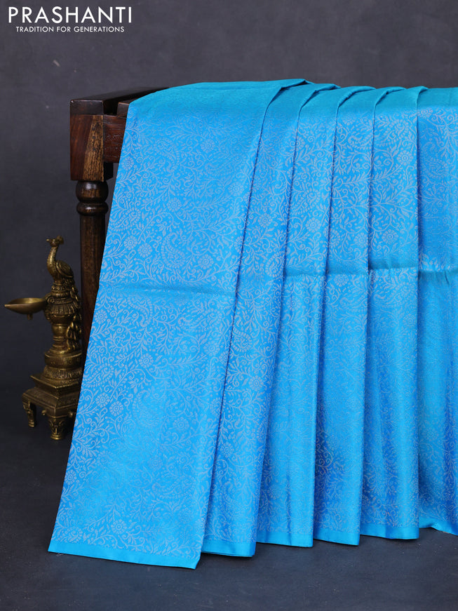 Pure soft silk saree cs blue with allover silver zari woven brocade weaves in borderless style