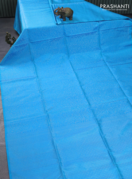 Pure soft silk saree cs blue with allover silver zari woven brocade weaves in borderless style