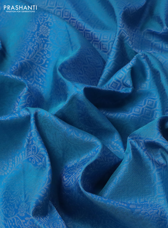 Pure soft silk saree cs blue with allover silver zari woven brocade weaves in borderless style