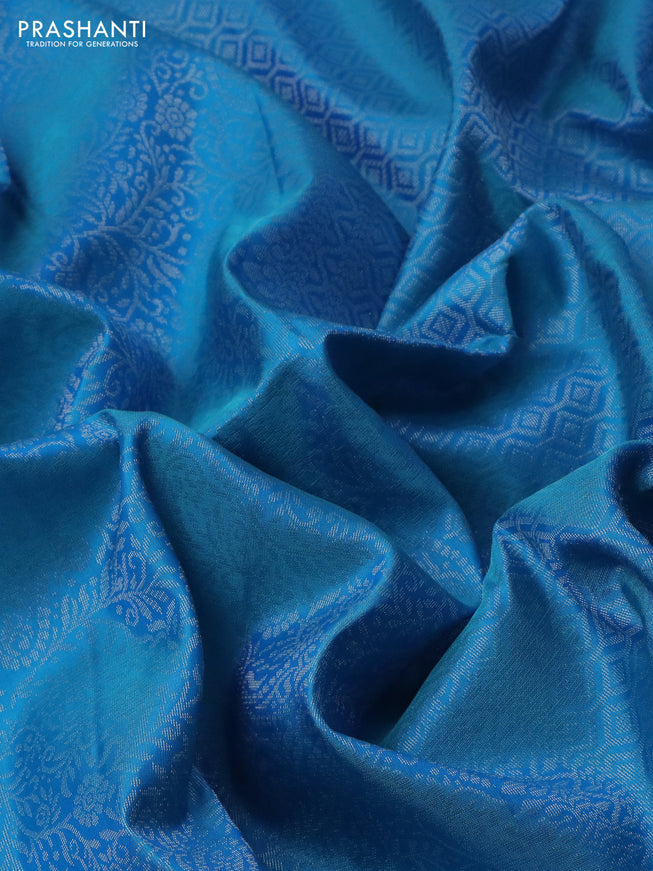 Pure soft silk saree cs blue with allover silver zari woven brocade weaves in borderless style