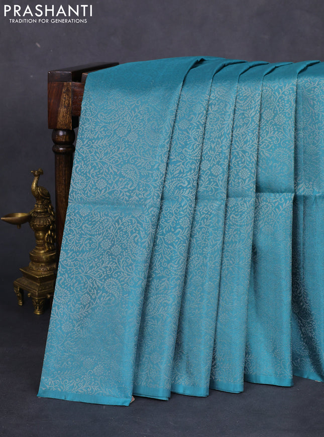 Pure soft silk saree pastel blue with allover silver zari woven brocade weaves in borderless style