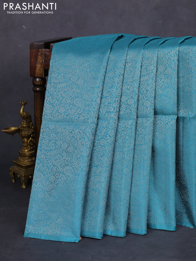 Pure soft silk saree pastel blue with allover silver zari woven brocade weaves in borderless style