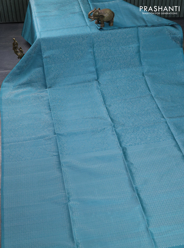 Pure soft silk saree pastel blue with allover silver zari woven brocade weaves in borderless style