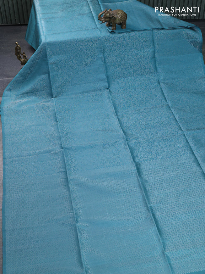 Pure soft silk saree pastel blue with allover silver zari woven brocade weaves in borderless style
