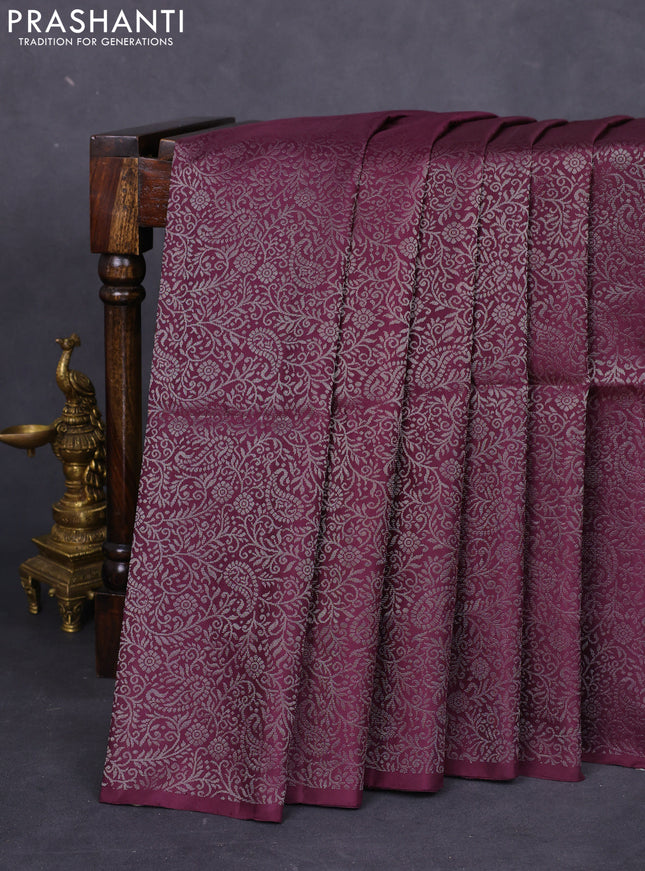 Pure soft silk saree deep jamun with allover silver zari woven brocade weaves in borderless style