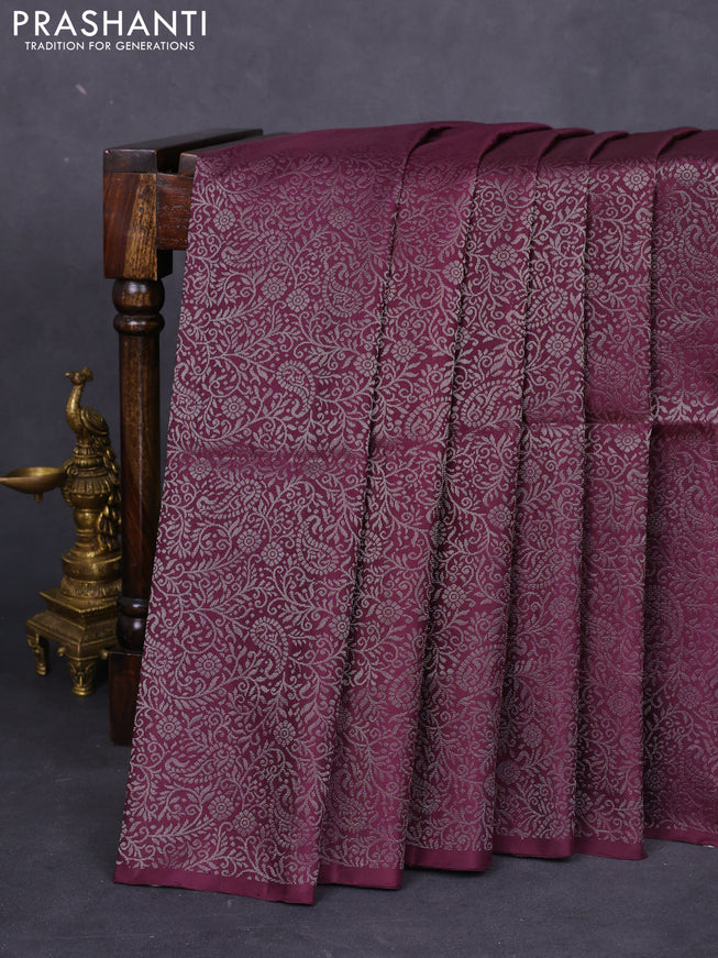 Pure soft silk saree deep jamun with allover silver zari woven brocade weaves in borderless style