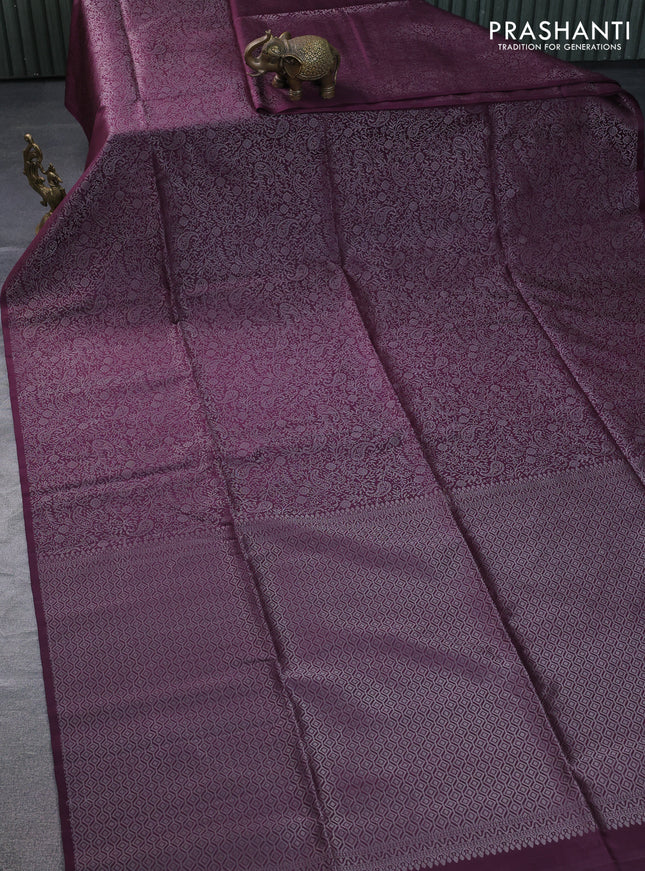 Pure soft silk saree deep jamun with allover silver zari woven brocade weaves in borderless style