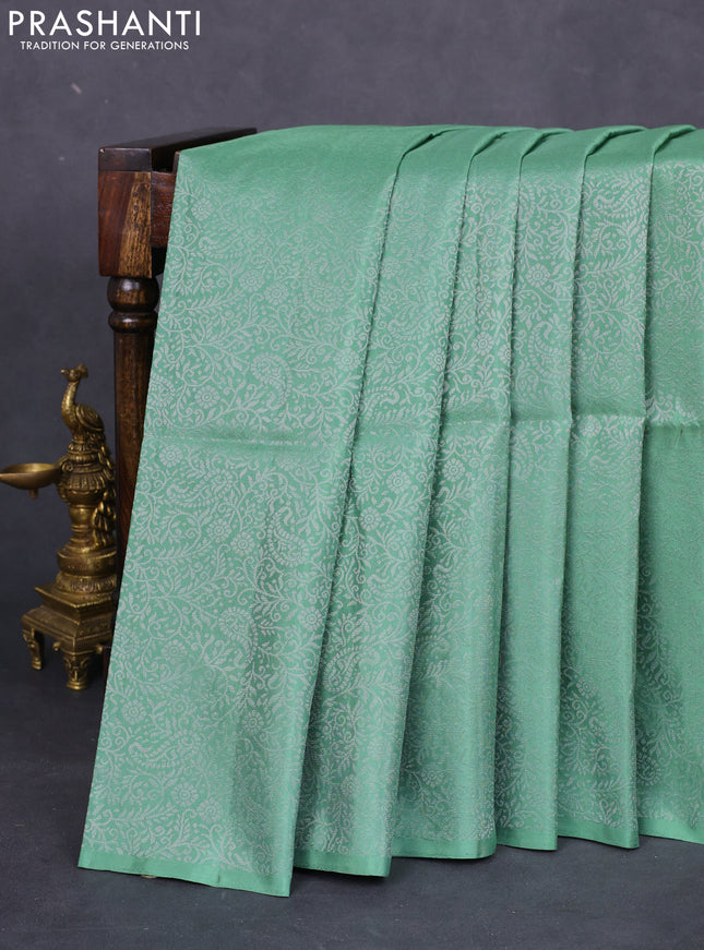 Pure soft silk saree pastel green with allover silver zari woven brocade weaves in borderless style