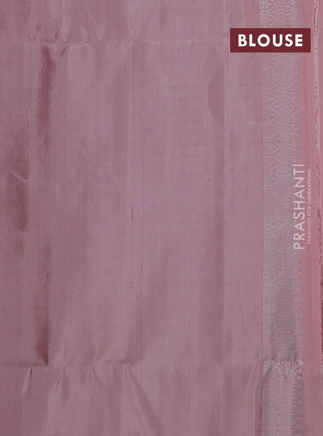 Pure soft silk saree pastel peach with allover silver zari woven brocade weaves in borderless style