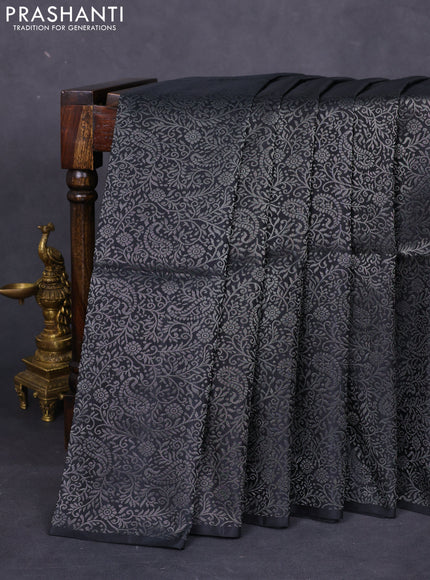 Pure soft silk saree black with allover silver zari woven brocade weaves in borderless style