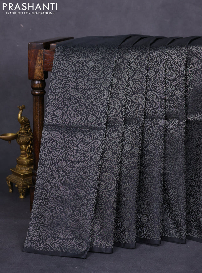 Pure soft silk saree black with allover silver zari woven brocade weaves in borderless style
