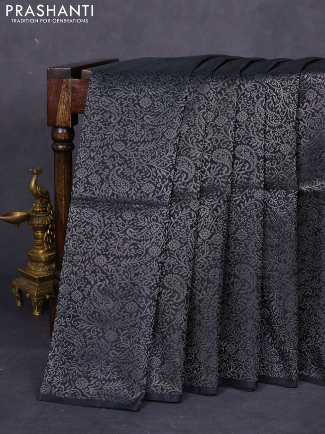 Pure soft silk saree black with allover silver zari woven brocade weaves in borderless style