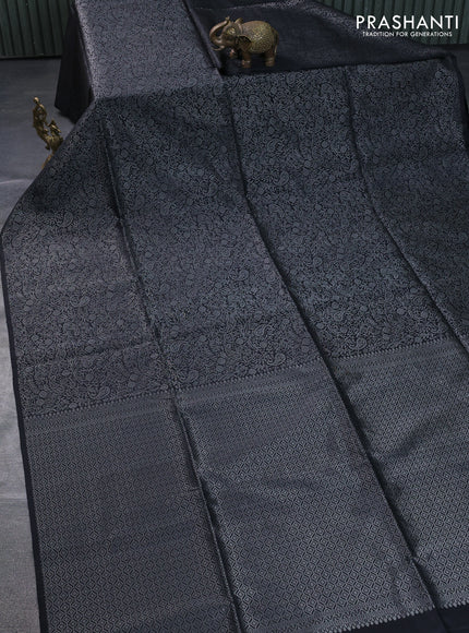 Pure soft silk saree black with allover silver zari woven brocade weaves in borderless style