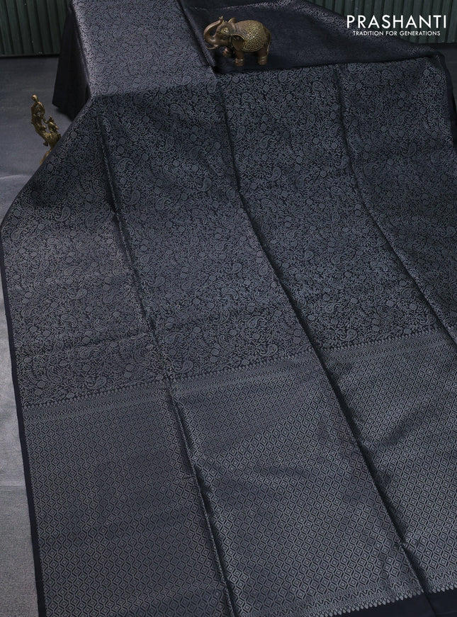 Pure soft silk saree black with allover silver zari woven brocade weaves in borderless style