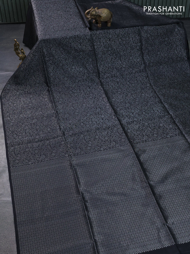 Pure soft silk saree black with allover silver zari woven brocade weaves in borderless style