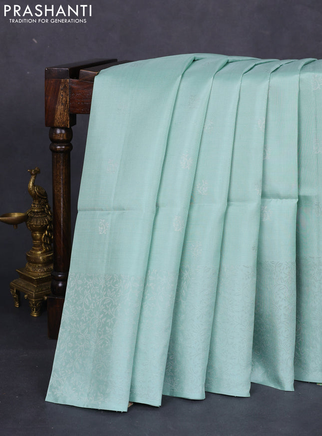 Pure soft silk saree pastel green with silver zari woven buttas and rich silver zari woven border