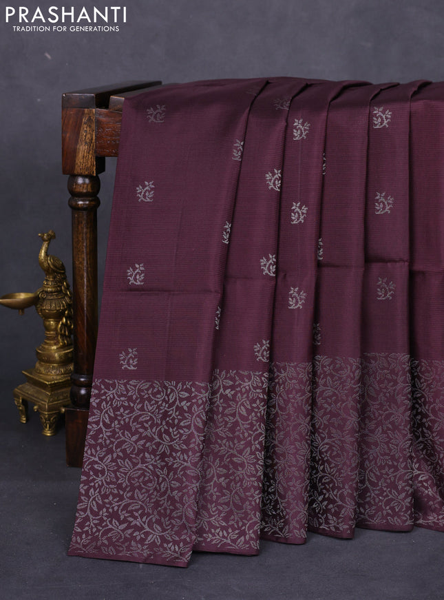 Pure soft silk saree brown with silver zari woven buttas and rich silver zari woven border
