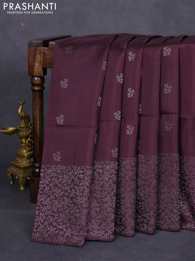 Pure soft silk saree brown with silver zari woven buttas and rich silver zari woven border