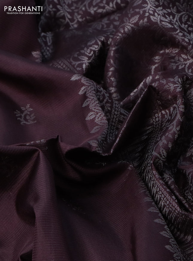 Pure soft silk saree brown with silver zari woven buttas and rich silver zari woven border