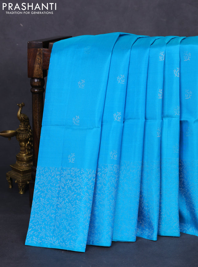Pure soft silk saree cs blue with silver zari woven buttas and rich silver zari woven border