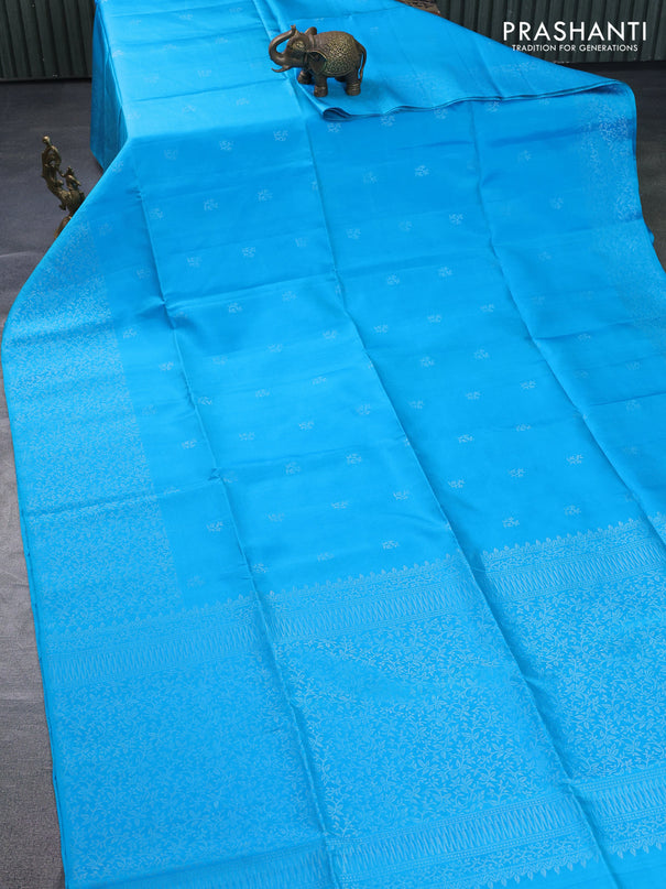 Pure soft silk saree cs blue with silver zari woven buttas and rich silver zari woven border