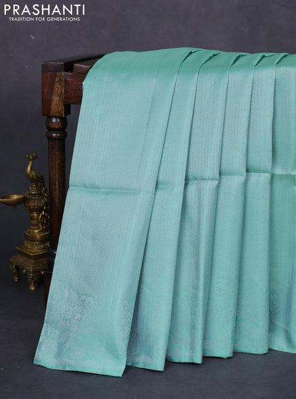 Pure soft silk saree pastel green with allover silver zari woven brocade weaves and rich silver zari border