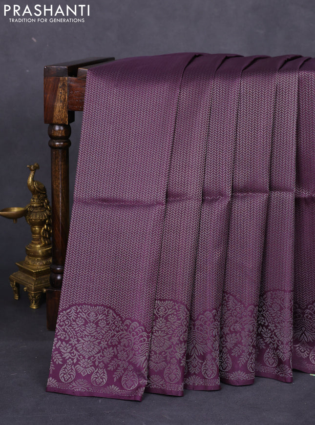 Pure soft silk saree wine shade with allover silver zari woven brocade weaves and rich silver zari border