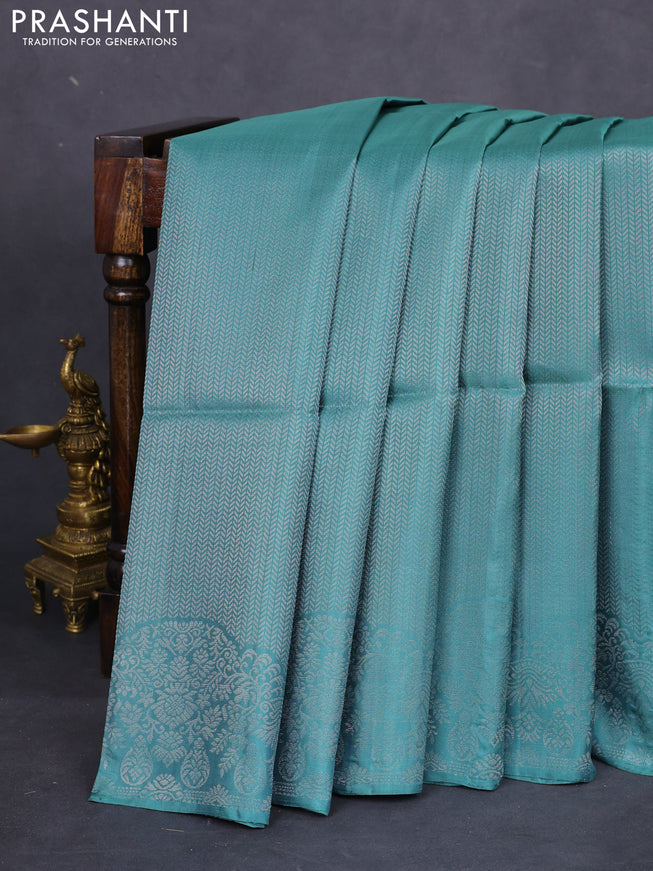 Pure soft silk saree pastel green with allover silver zari woven brocade weaves and rich silver zari border