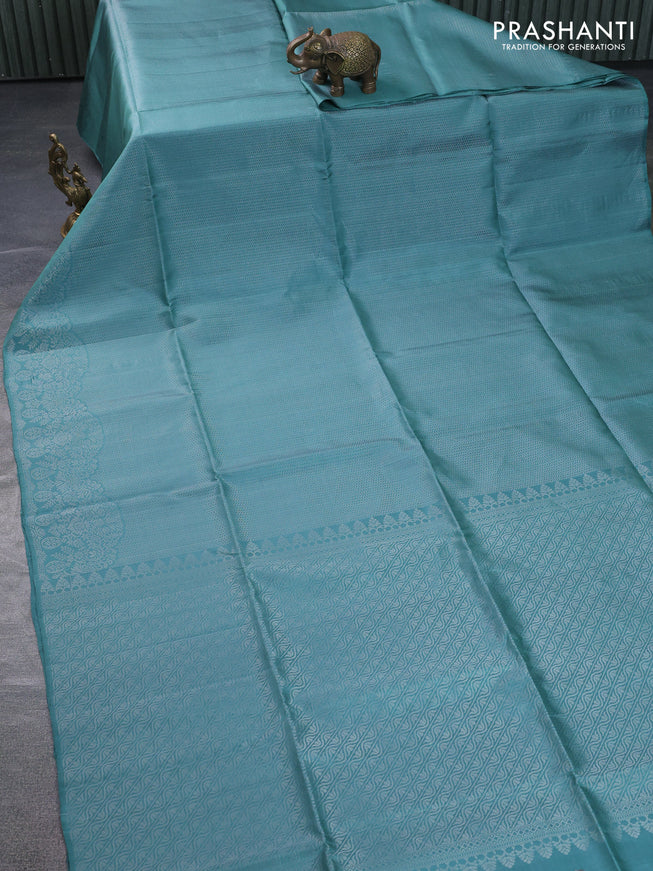 Pure soft silk saree pastel green with allover silver zari woven brocade weaves and rich silver zari border