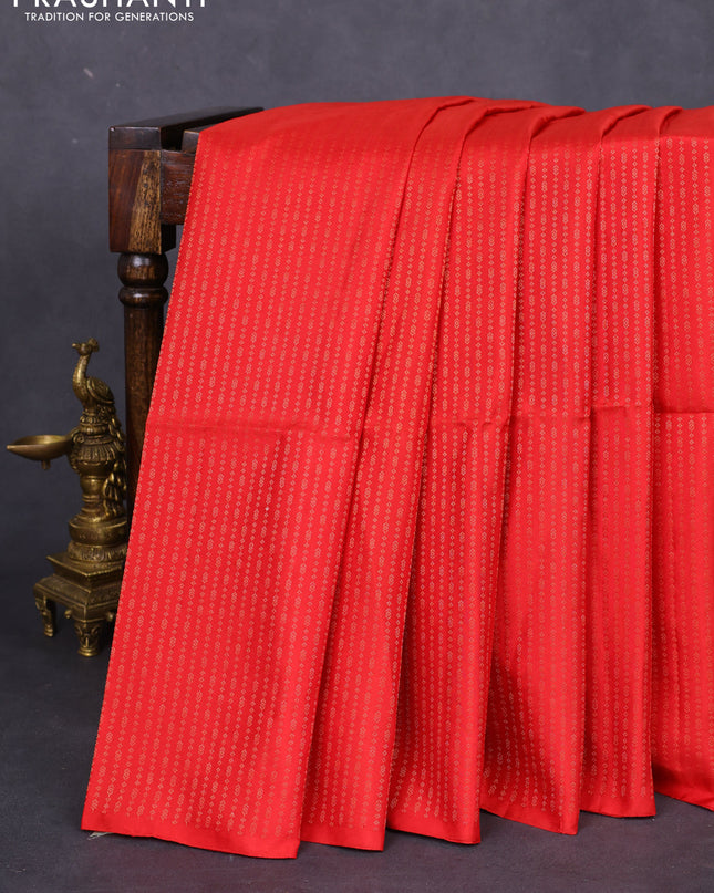 Pure soft silk saree red and green with allover zari weaves in borderless style