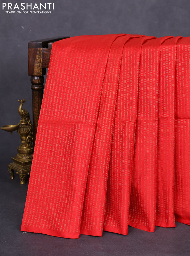 Pure soft silk saree red and green with allover zari weaves in borderless style