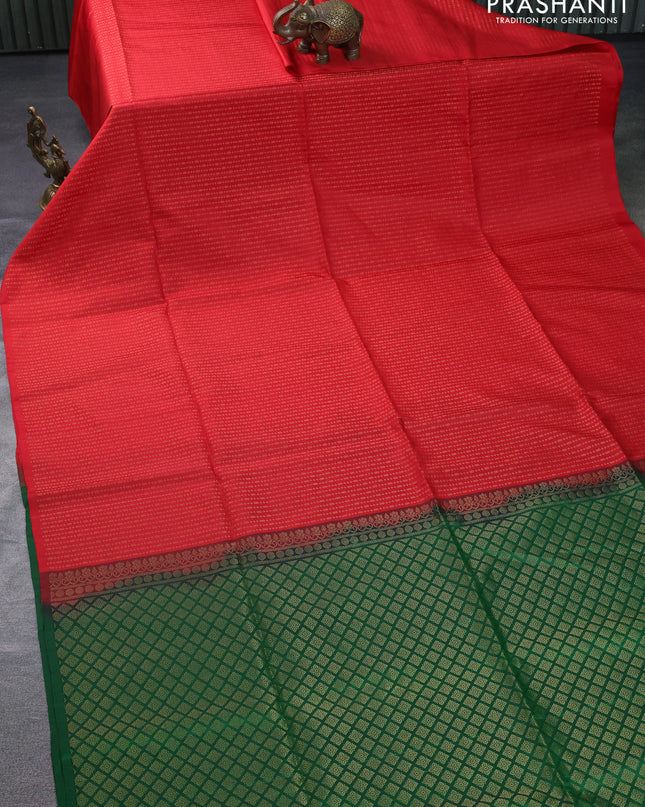 Pure soft silk saree red and green with allover zari weaves in borderless style