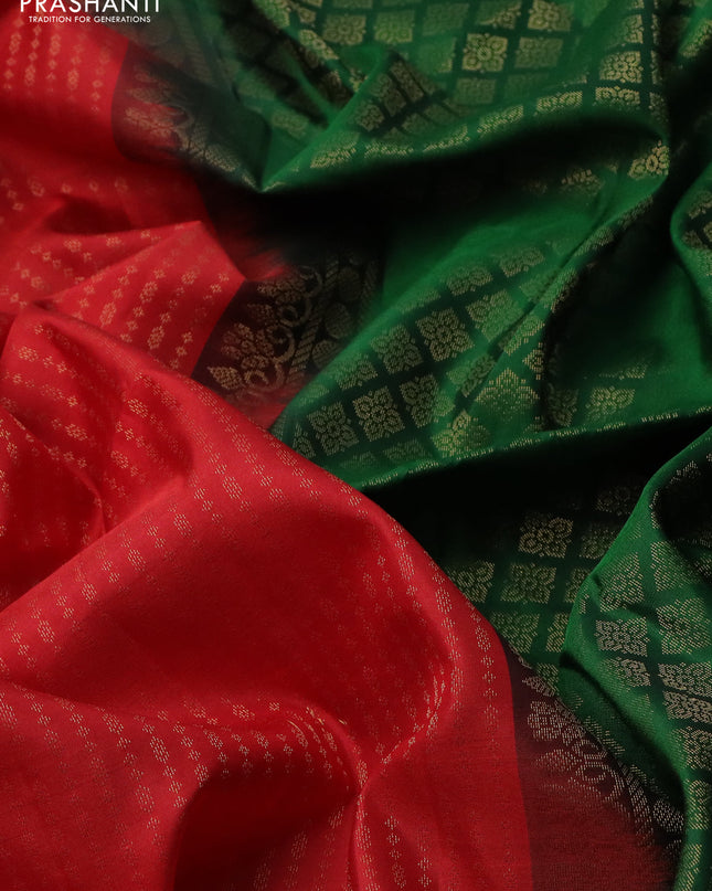 Pure soft silk saree red and green with allover zari weaves in borderless style