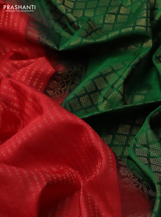 Pure soft silk saree red and green with allover zari weaves in borderless style