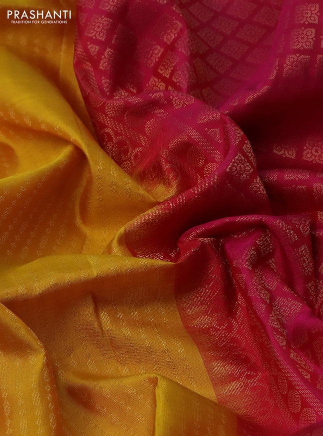Pure soft silk saree yellow and pink with allover zari weaves in borderless style