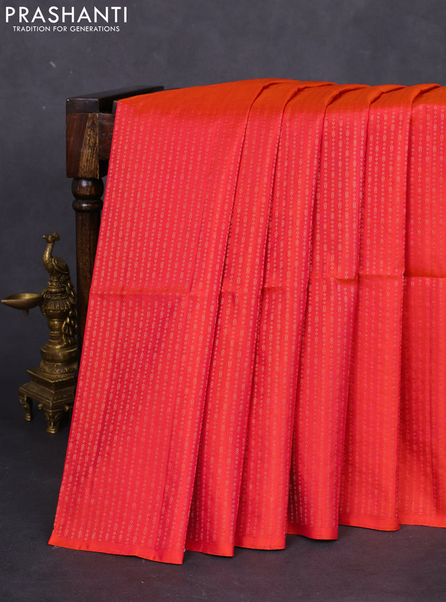 Pure soft silk saree dual shade of pinkish orange and green with allover zari weaves in borderless style