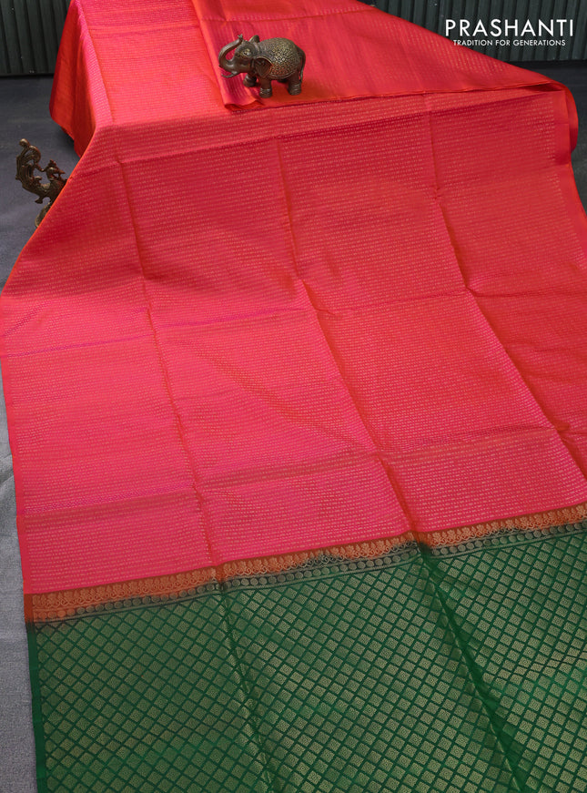 Pure soft silk saree dual shade of pinkish orange and green with allover zari weaves in borderless style