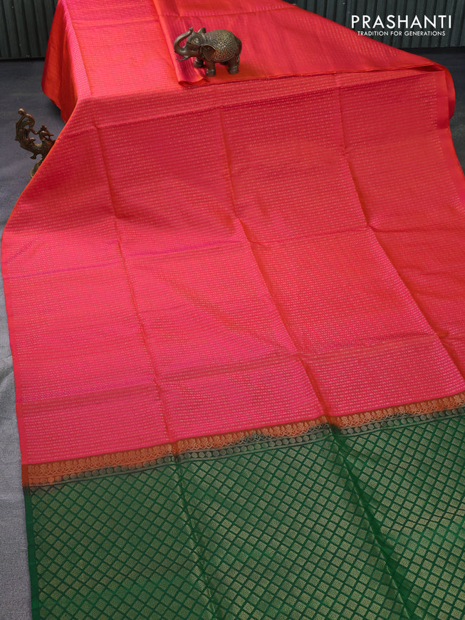 Pure soft silk saree dual shade of pinkish orange and green with allover zari weaves in borderless style