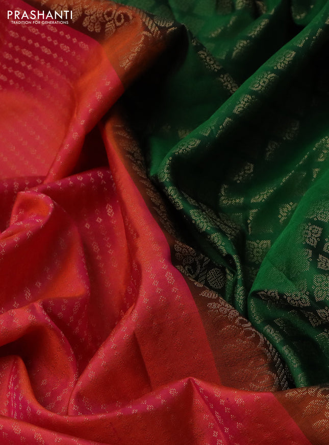 Pure soft silk saree dual shade of pinkish orange and green with allover zari weaves in borderless style