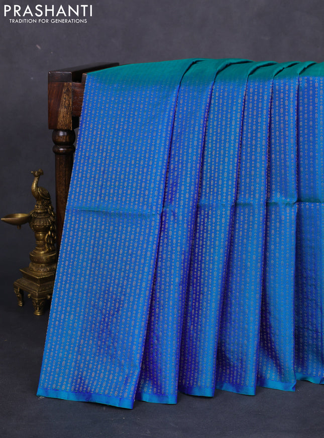 Pure soft silk saree dual shade of bluish green and pink with allover zari weaves in borderless style