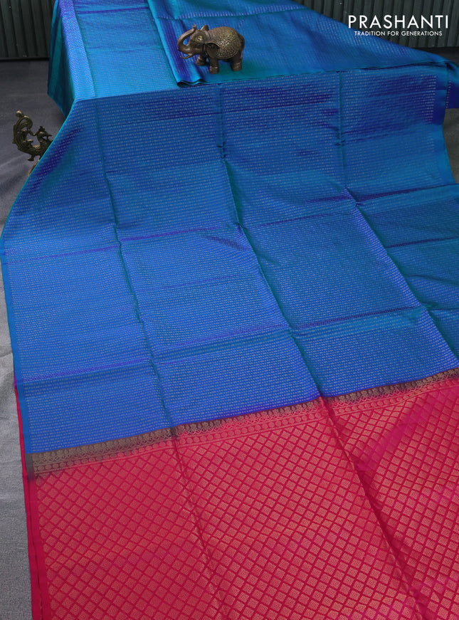 Pure soft silk saree dual shade of bluish green and pink with allover zari weaves in borderless style