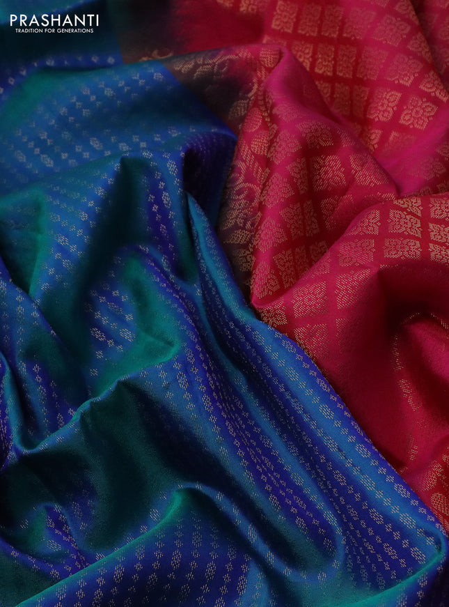 Pure soft silk saree dual shade of bluish green and pink with allover zari weaves in borderless style