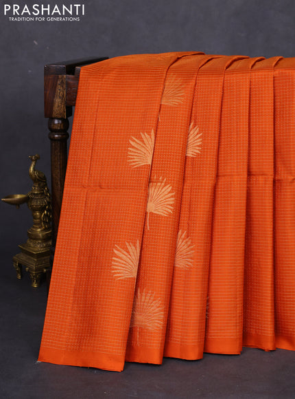 Pure soft silk saree orange and chikku shade with allover small zari checks & buttas in borderless style