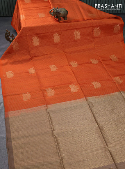 Pure soft silk saree orange and chikku shade with allover small zari checks & buttas in borderless style