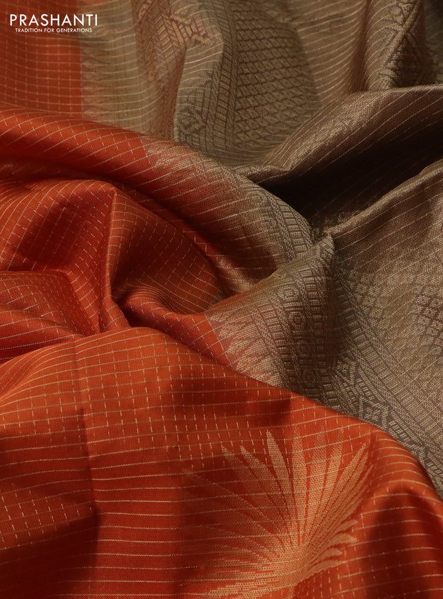 Pure soft silk saree orange and chikku shade with allover small zari checks & buttas in borderless style