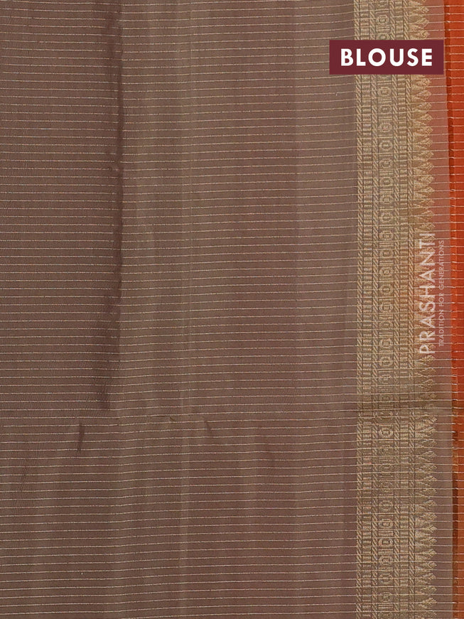 Pure soft silk saree orange and chikku shade with allover small zari checks & buttas in borderless style