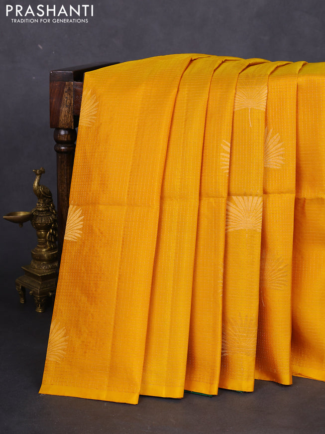 Pure soft silk saree mustard yellow and green with allover small zari checks & buttas in borderless style