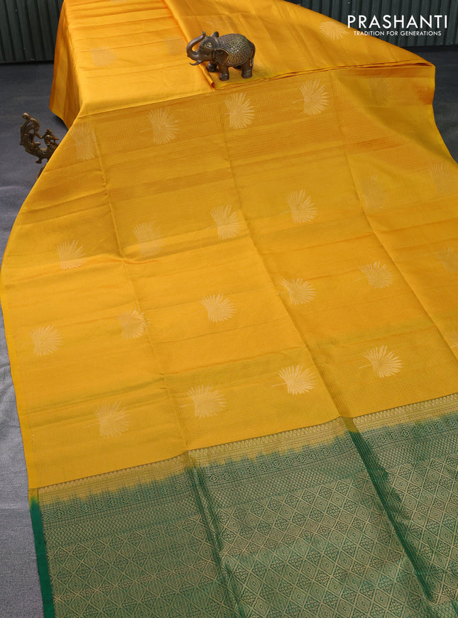 Pure soft silk saree mustard yellow and green with allover small zari checks & buttas in borderless style