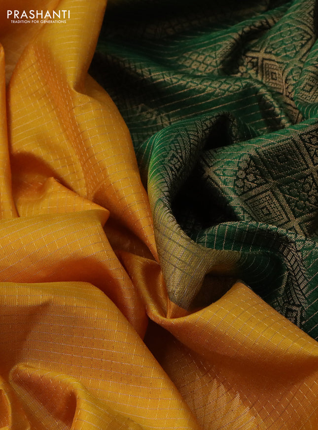Pure soft silk saree mustard yellow and green with allover small zari checks & buttas in borderless style