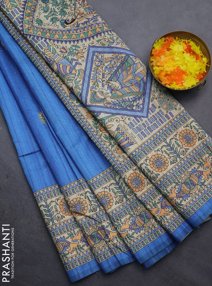 Semi tussar saree blue and beige with butta prints and madhubani printed pallu